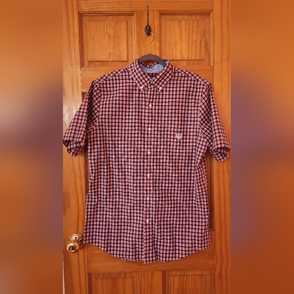 CHAPS MENS EASY CARE PINK CHECKERED SHORT SLEEVES CASUAL DRESS SHIRT  MEDIUM M